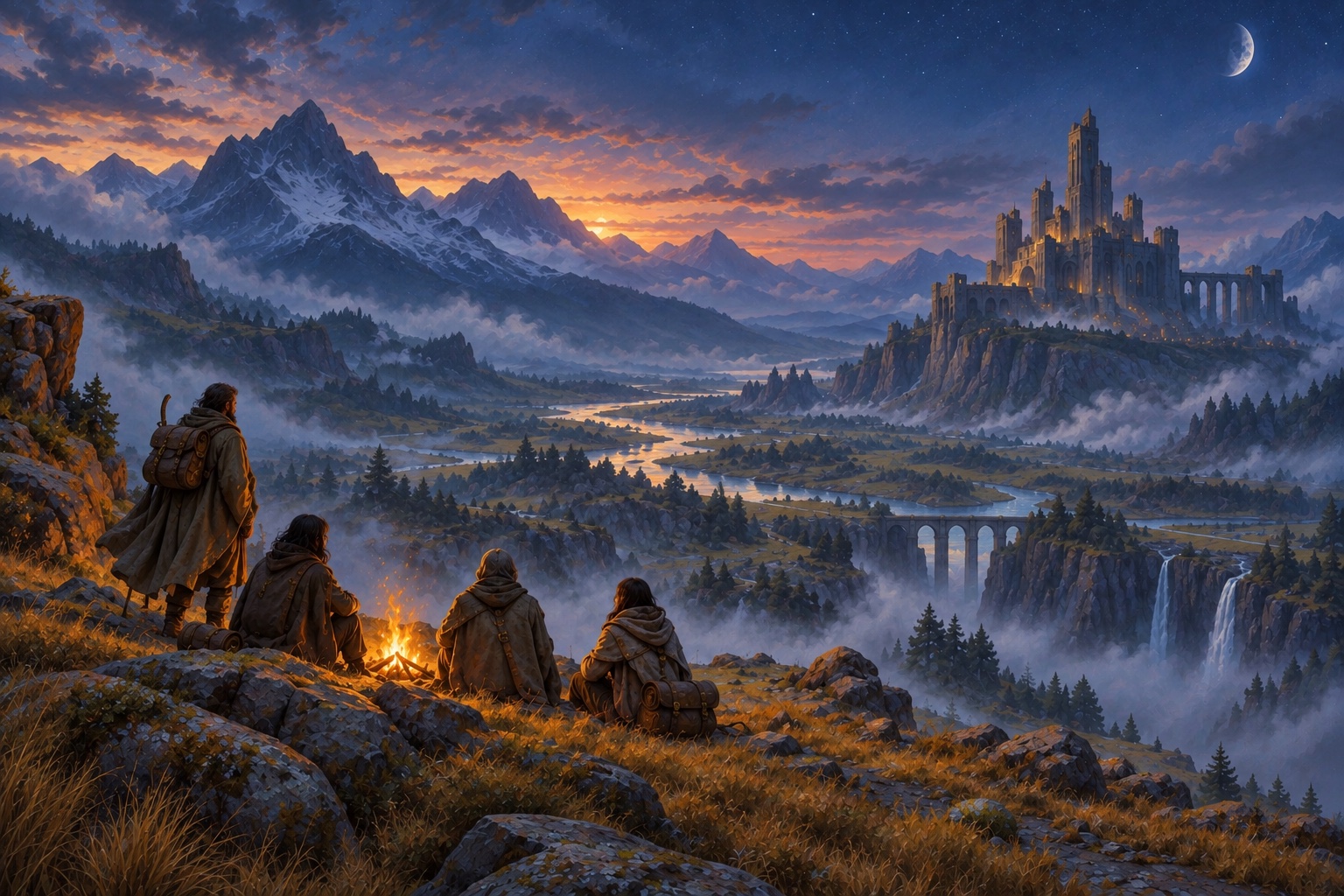 Four travelers gathered beside a campfire, looking across a misty valley toward a distant stone citadel